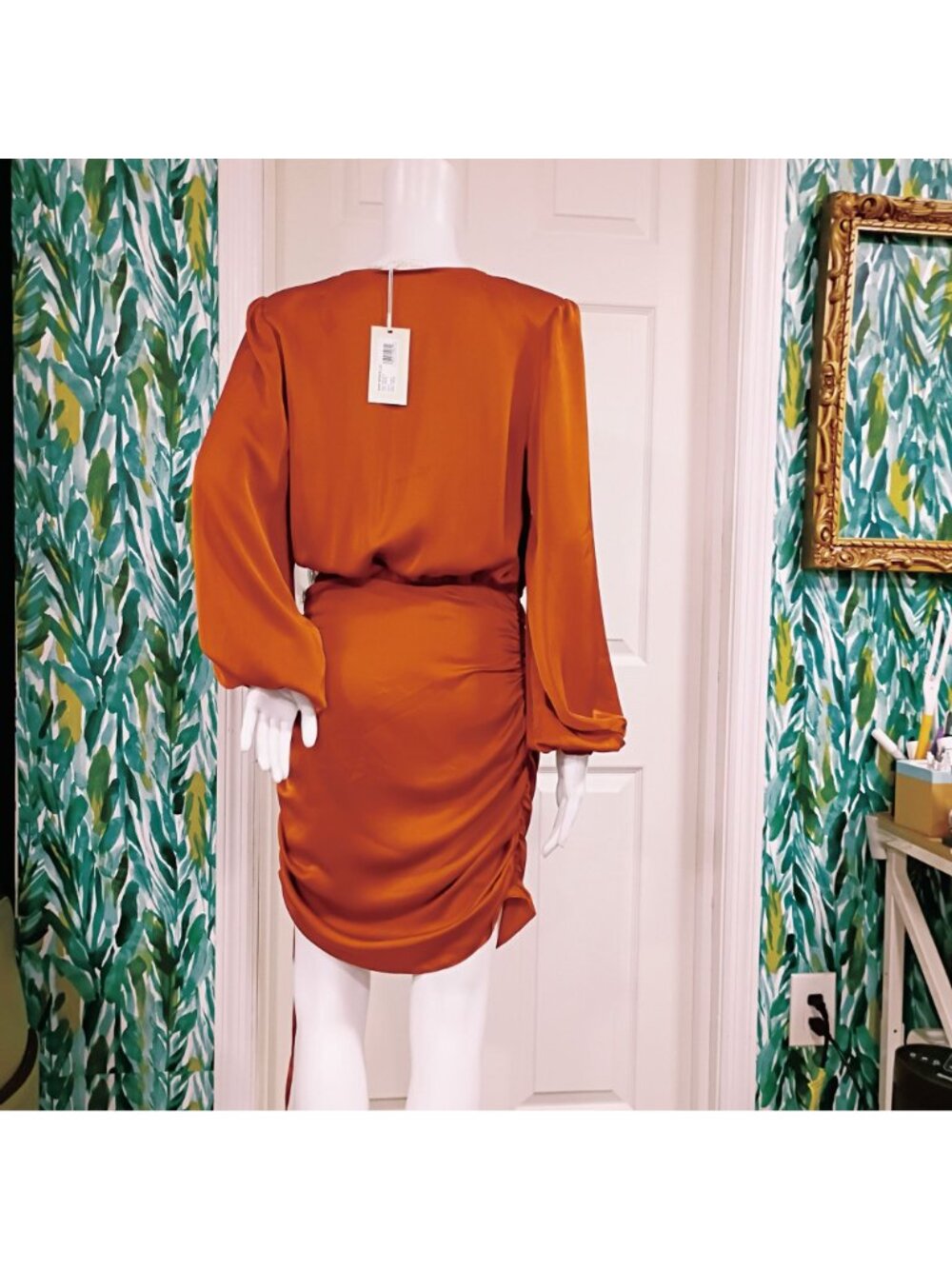 NWT Ramy Brook Foxy Mini Dress Women's 6 Cinnamon Satin Long Sleeve Side Ruched - Picture 4 of 16
